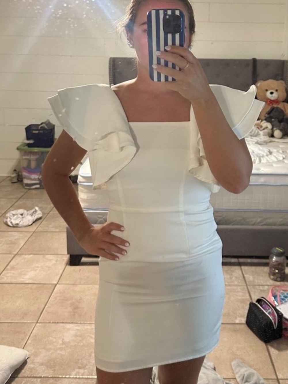 TCEC White Ruffle-Sleeve Square Neck Mini Dress